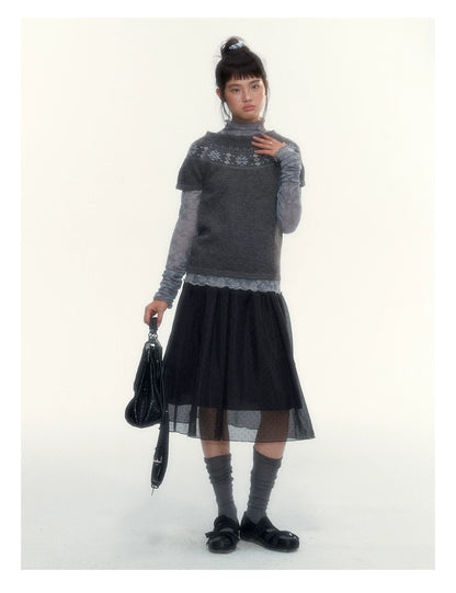 Deep Gray Fair Isle Short-Sleeve Knit Sweater