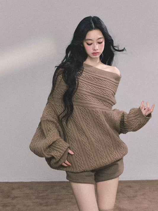 少也眼 Korean-Style Loose Fit Cable Knit Sweater