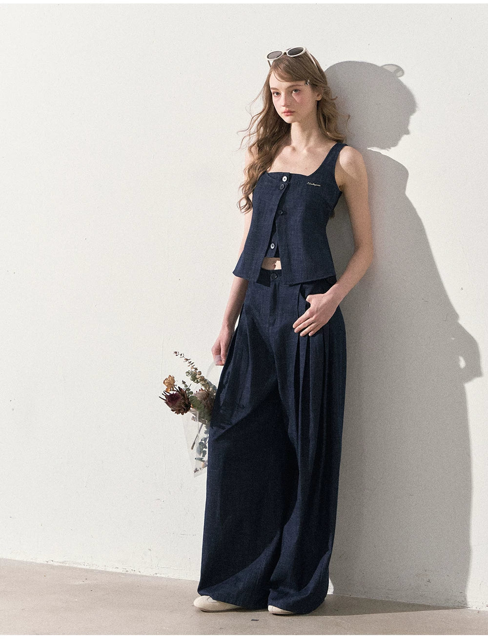 "Season of Ease" Vintage Navy Faux Denim Vest & Wide-Leg Pants Set