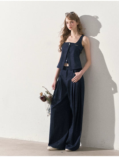 "Season of Ease" Vintage Navy Faux Denim Vest & Wide-Leg Pants Set