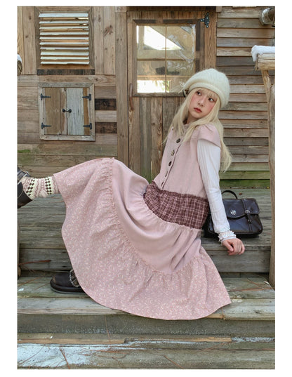 RF - Dusty Pink Patchwork Sleeveless A-Line Dress with Star Buttons
