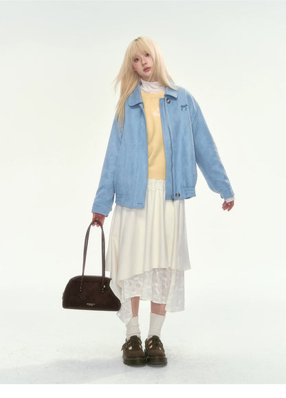 [CAN] Dusty Blue Suede Bow Embroidery Jacket