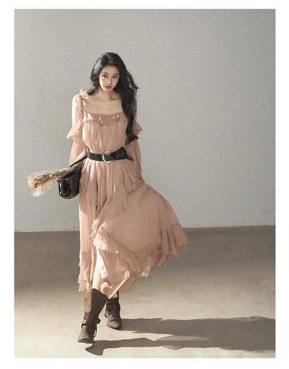 AOMALM - "Waiting for Sunset" Soft Pink French Ruffle Maxi Dress with Belt