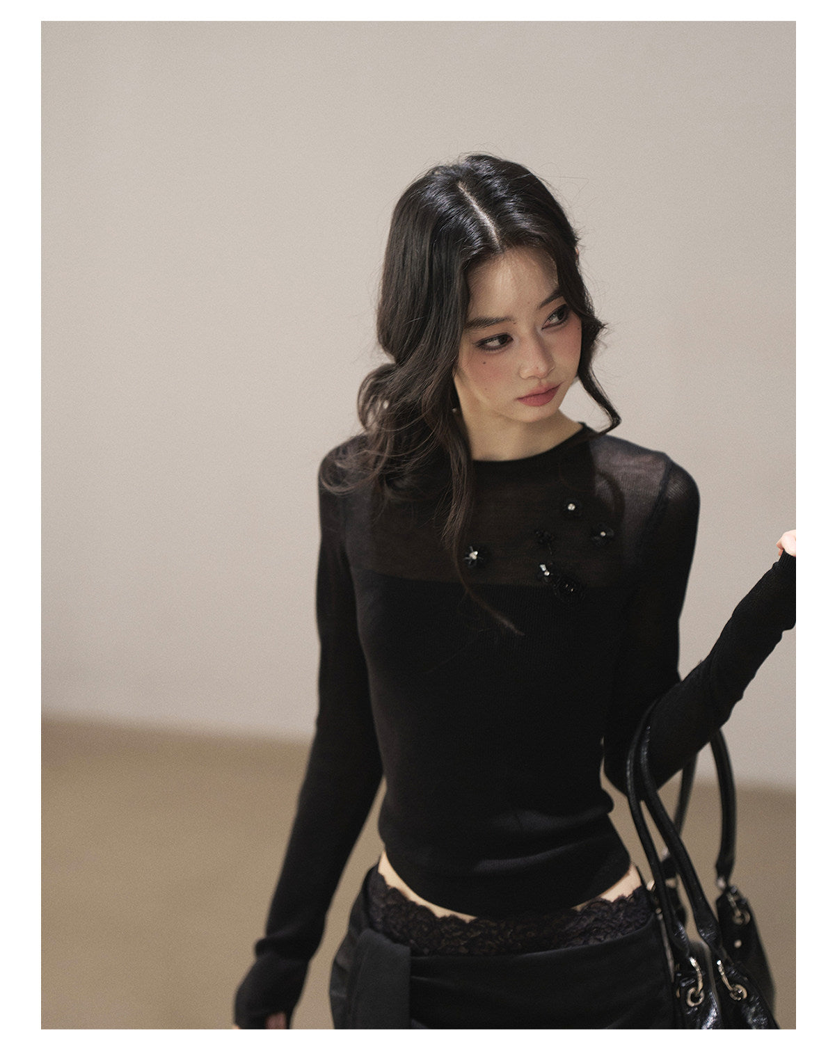 170726 "Hidden Between Light and Shadow" Tranquil Black Sheer Layered Knit Top