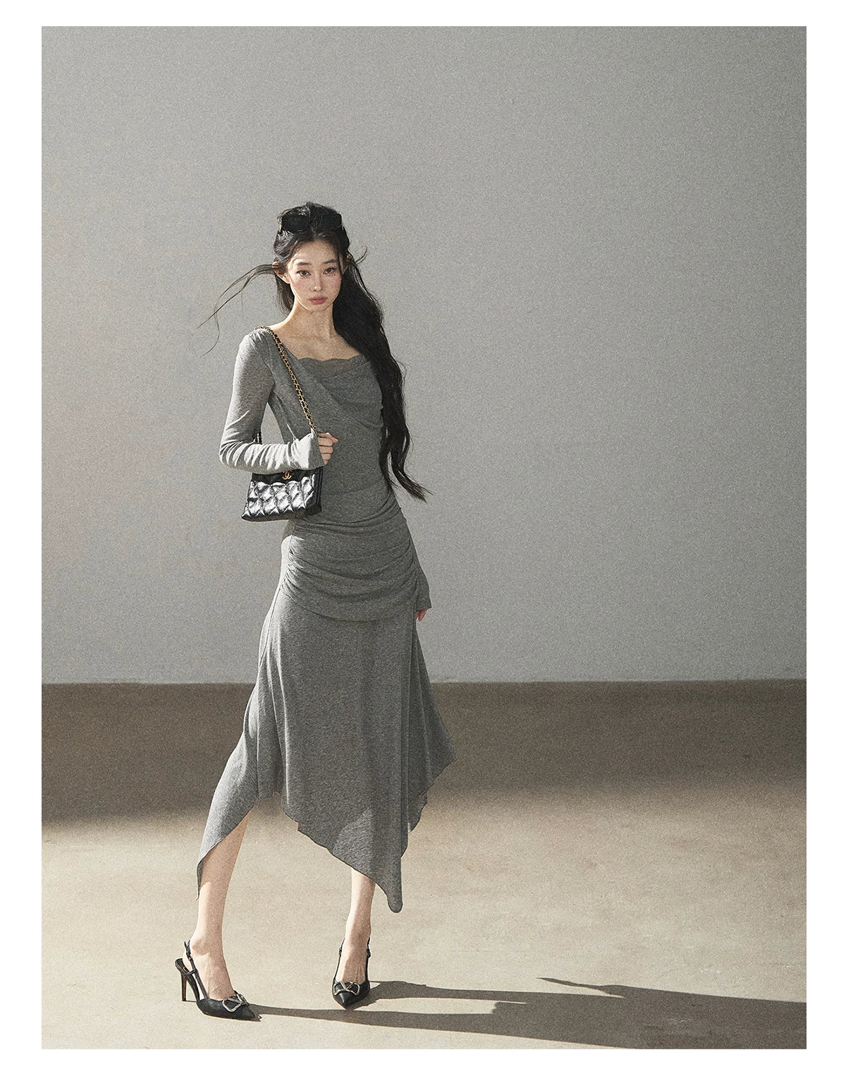 AOMALM - "Still River Cove" Cloud Mist Gray French-Inspired Lace Maxi Dress