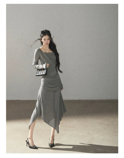 AOMALM - "Still River Cove" Cloud Mist Gray French-Inspired Lace Maxi Dress