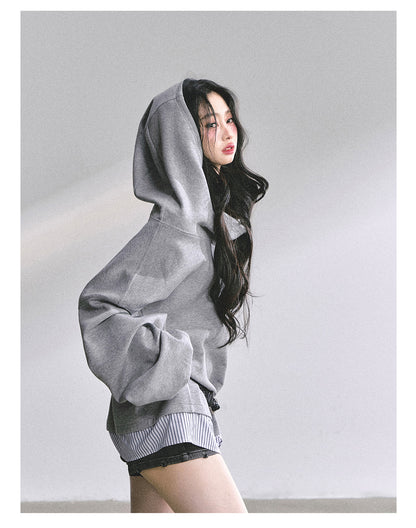 少也眼 ""Yale-Inspired Girl" Faux-Layered Oversized Hoodie with Belt 4536486