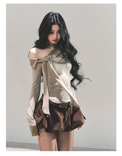 少也眼 “The Quiet Passing” Asymmetric Knit Off-Shoulder Top - Oatmeal 65624