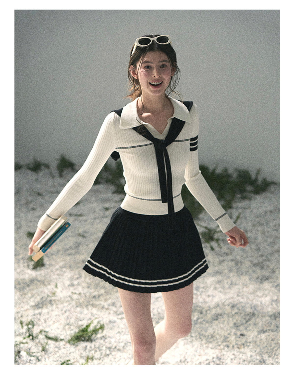 “Delhi Academy” Ivory Polo Knit Set with Midnight Black Scarf