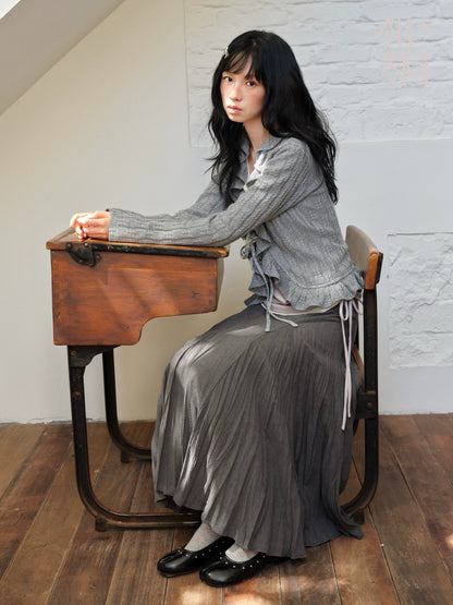 DAILY ARTIST - Dark Gray Textured Pleated A-Line Maxi Skirt
