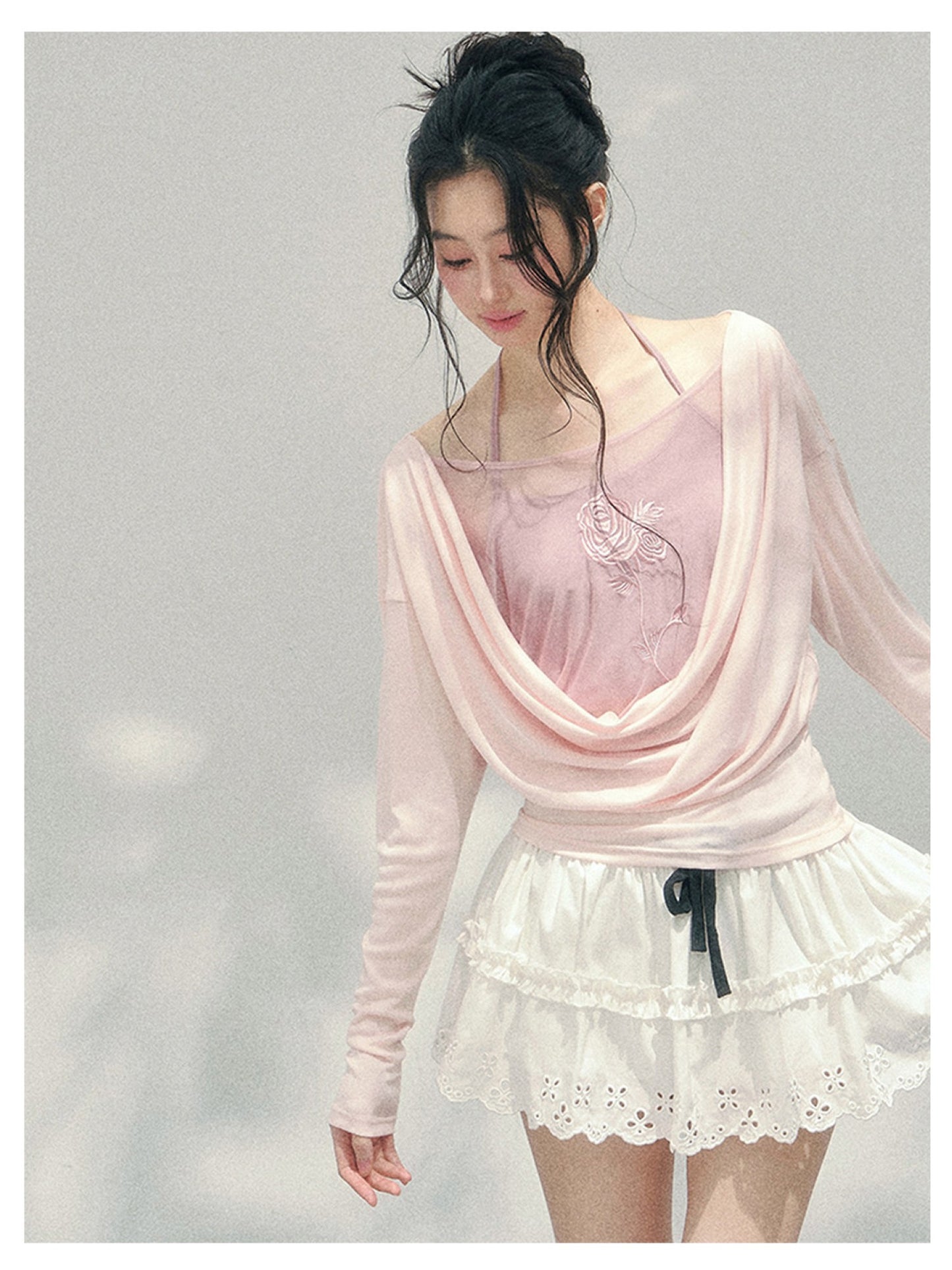 少也眼 “Summer Bloom Sequence” Cinnamon Pink Lyocell Two-Piece Overlay Set 140