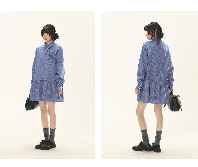 "Holiday Blues" Blue Plaid Bow Shirt Mini Dress