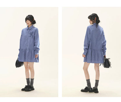 "Holiday Blues" Blue Plaid Bow Shirt Mini Dress