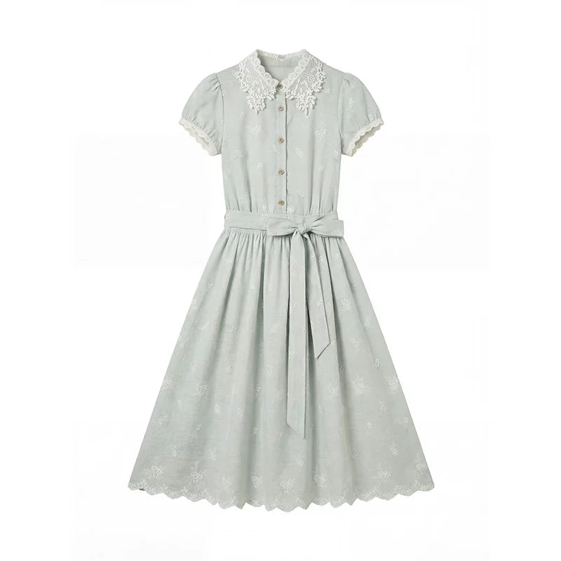 “Sage Meadow Reverie” Sage Green Embroidered Shirt Dress