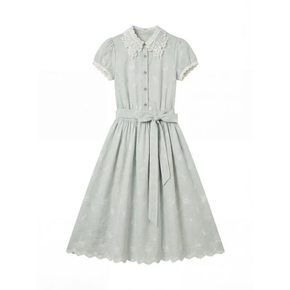 “Sage Meadow Reverie” Sage Green Embroidered Shirt Dress