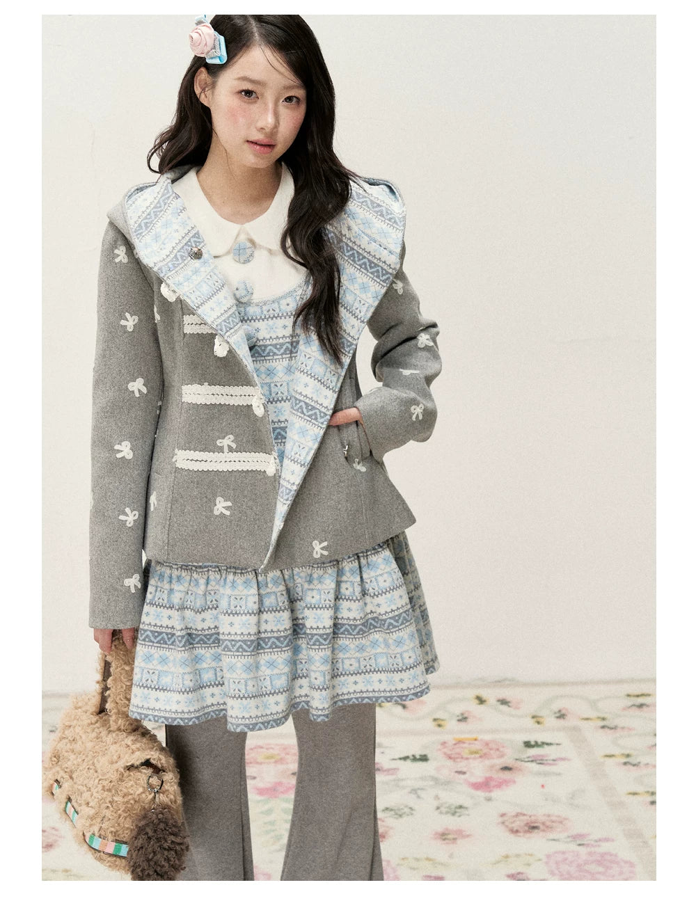 [RF] Heather Gray Vintage Jacquard Hooded Jacket with Frost Mist Blue Details