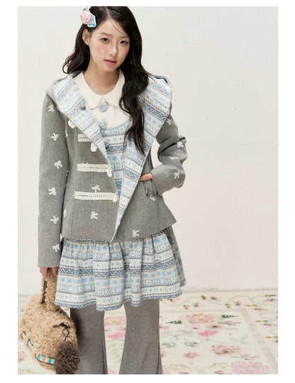 [RF] Heather Gray Vintage Jacquard Hooded Jacket with Frost Mist Blue Details