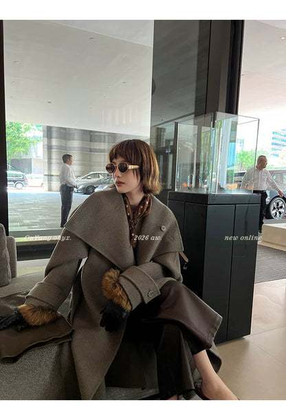 QuQuOuYang - 100% Wool Double-Face Belted Coat with Convertible Collar
