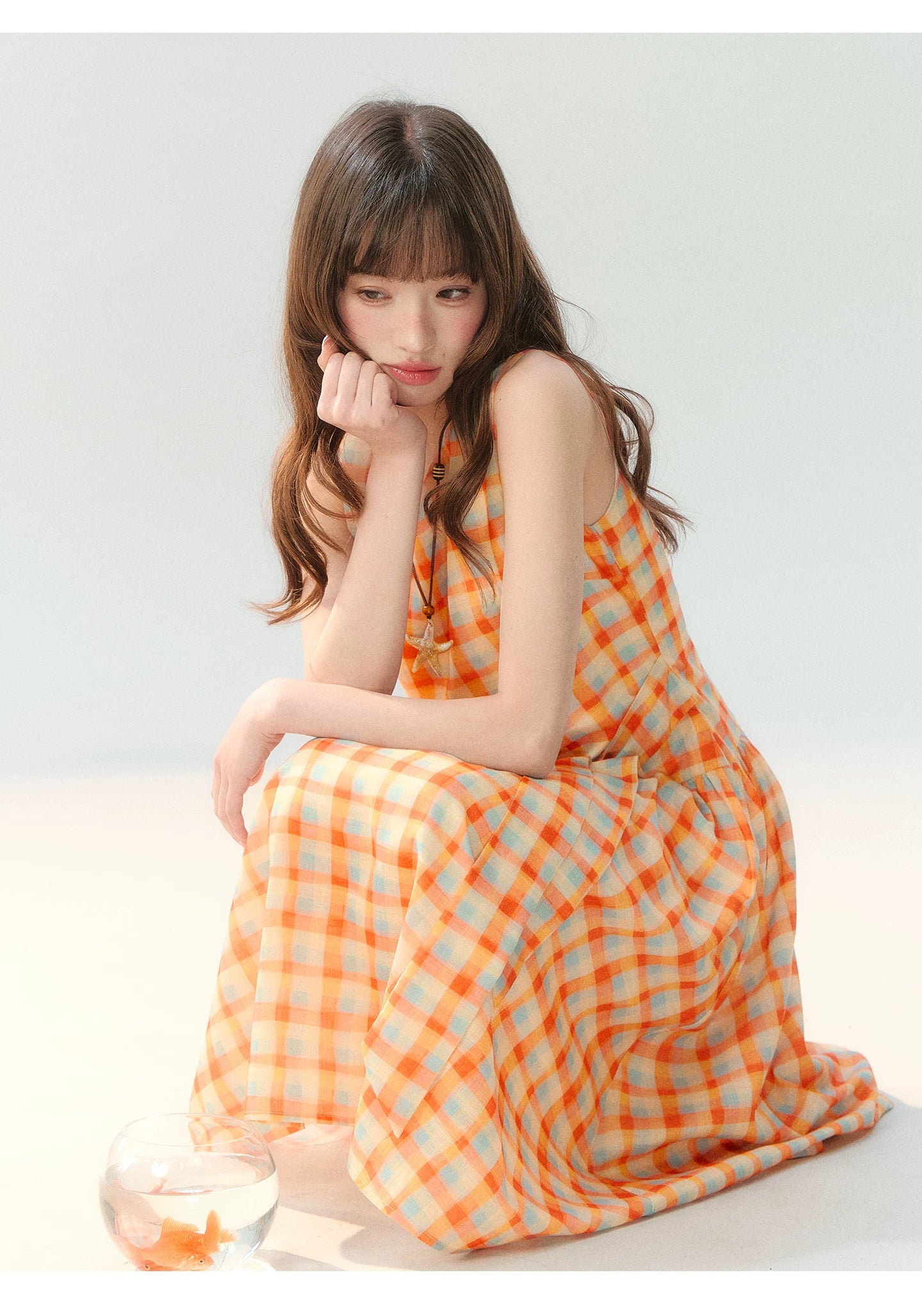 "Orange Sugar Cube" Tangerine Plaid Tie-Waist Sleeveless Dress SH2026201
