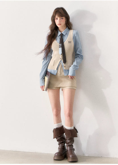 [TMMG] Miu-Inspired Blue Shirt, Knit Vest & Corduroy Skirt Set