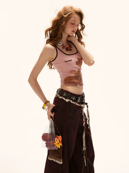 "Playful Animal Pop" Tie-Strap Cropped Camisole Top – Pink WE940
