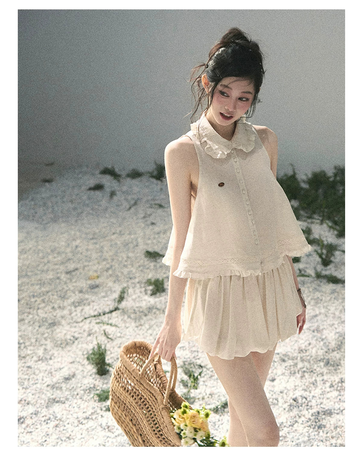"Soft Cloud Reverie" Dutch Cream Lace Top & Bubble Skirt & Wide-Leg Pants Set 5468465