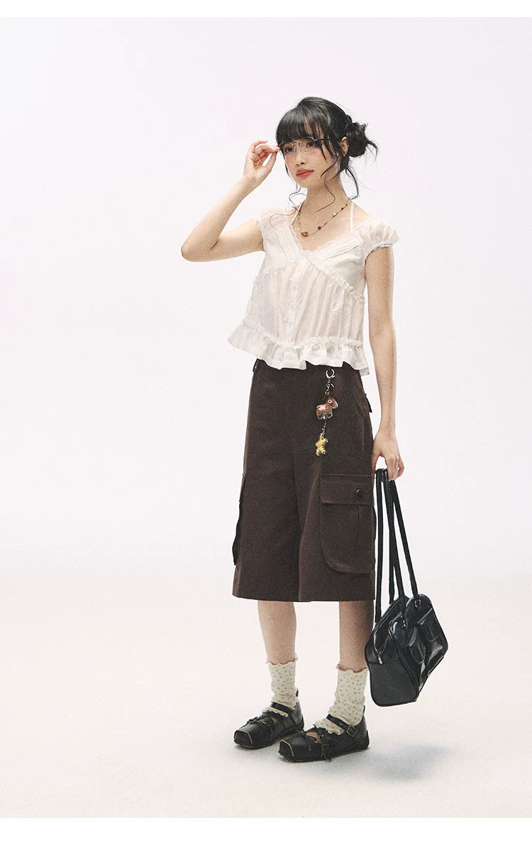 "French Meadow Romance" Ivory Lace Trim Halter Tie V-Neck Cotton Blouse