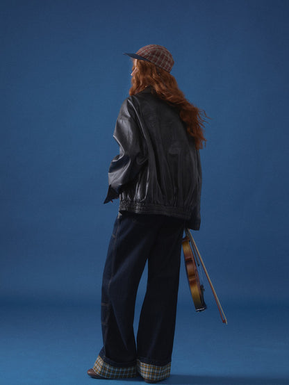 ASGONY - Retro Puppy Embossed Faux Leather Jacket