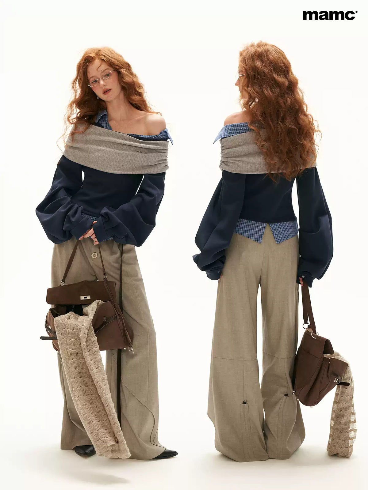 MAMC - Deconstructed Gingham Sweatshirt with Off-Shoulder Ruched Detail