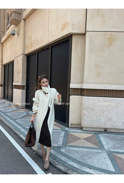 QuQuOuYang - 100% Wool Double-Face Belted Coat with Convertible Collar