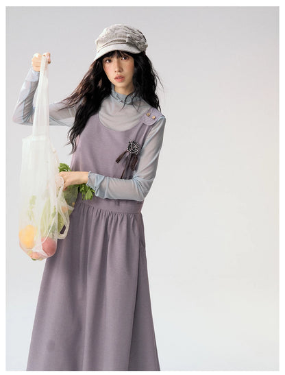 [CAN] "Violet Floral Bow" Purple Lace-Trim A-Line Pinafore Dress