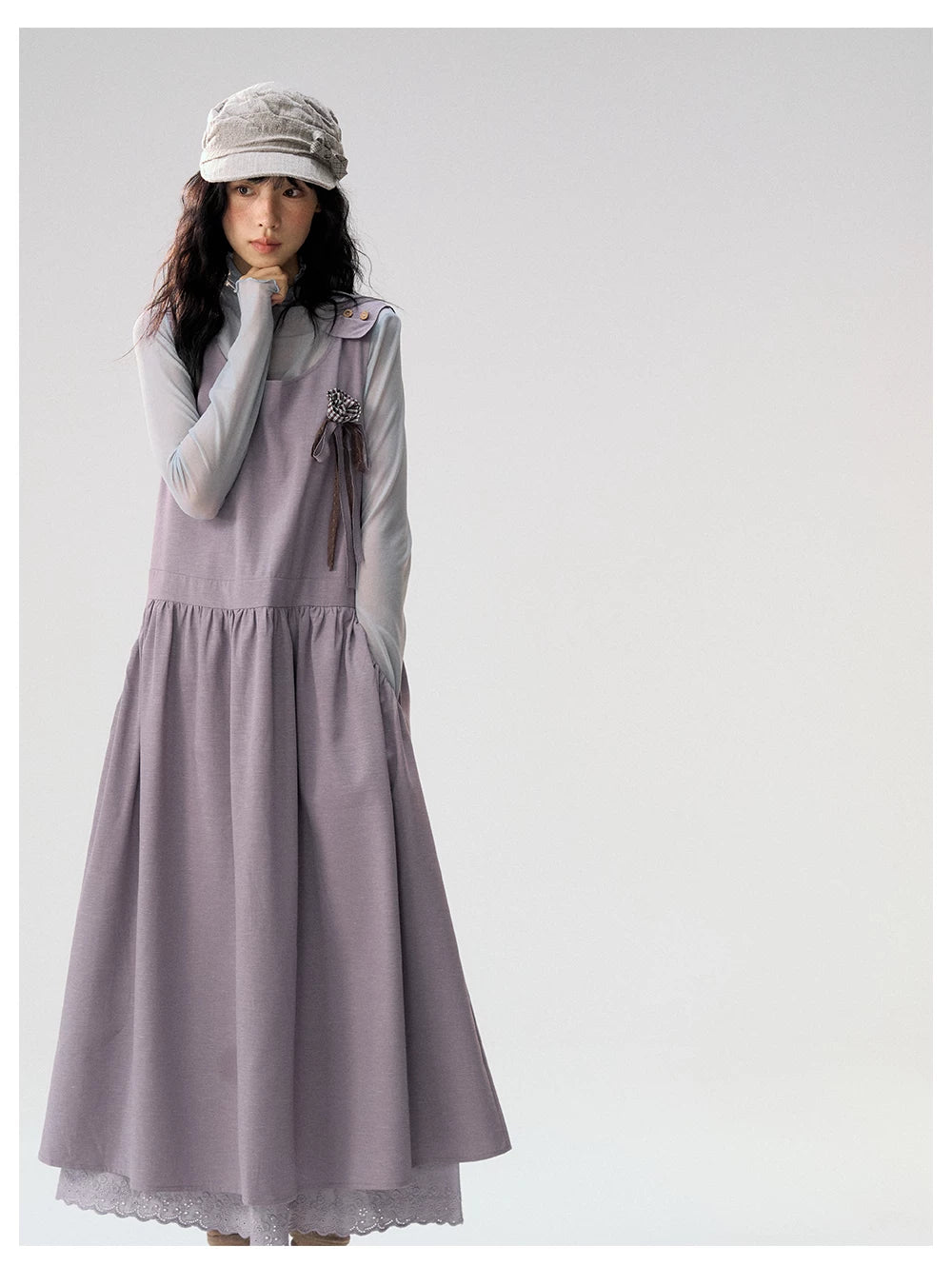 [CAN] "Violet Floral Bow" Purple Lace-Trim A-Line Pinafore Dress