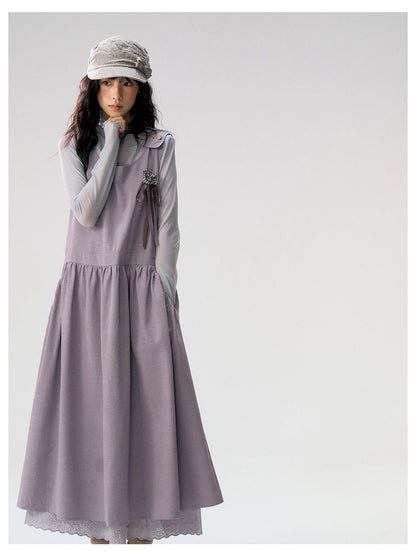 [CAN] "Violet Floral Bow" Purple Lace-Trim A-Line Pinafore Dress