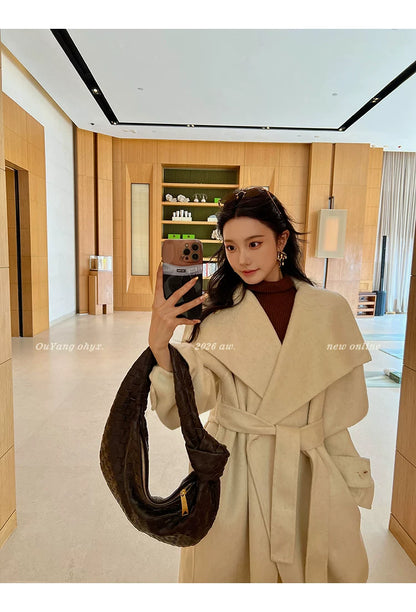 QuQuOuYang - 100% Wool Double-Face Belted Coat with Convertible Collar