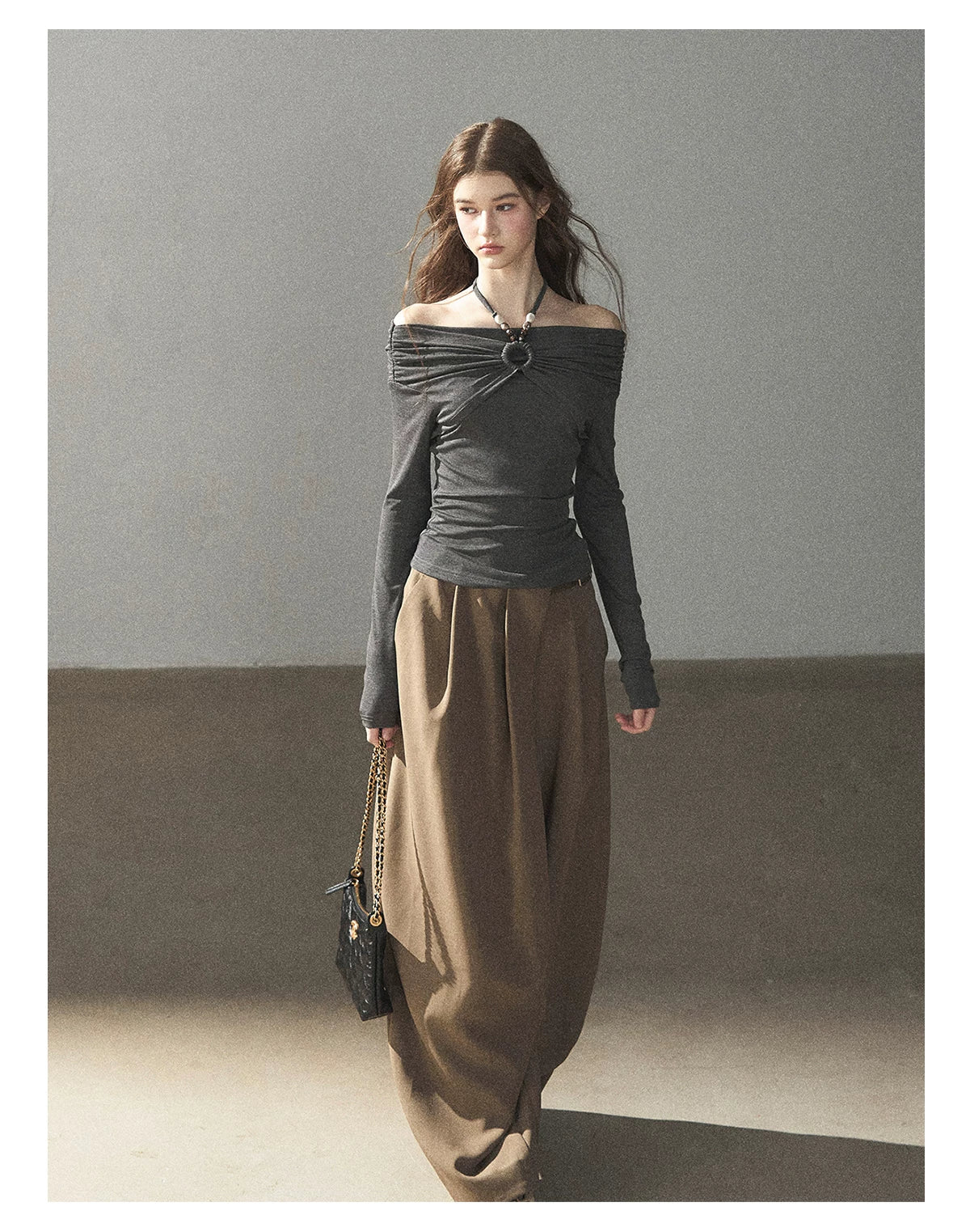 AOMALM - "A Touch of Autumn" Loose Relaxed Balloon Wide-Leg Pants With Belt (Dusty Taupe Brown / Quiet Black)
