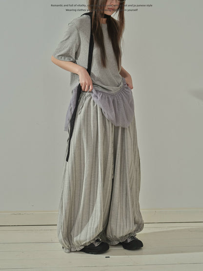 "Vintage Drift" Gray Striped Balloon Wide Leg Trousers