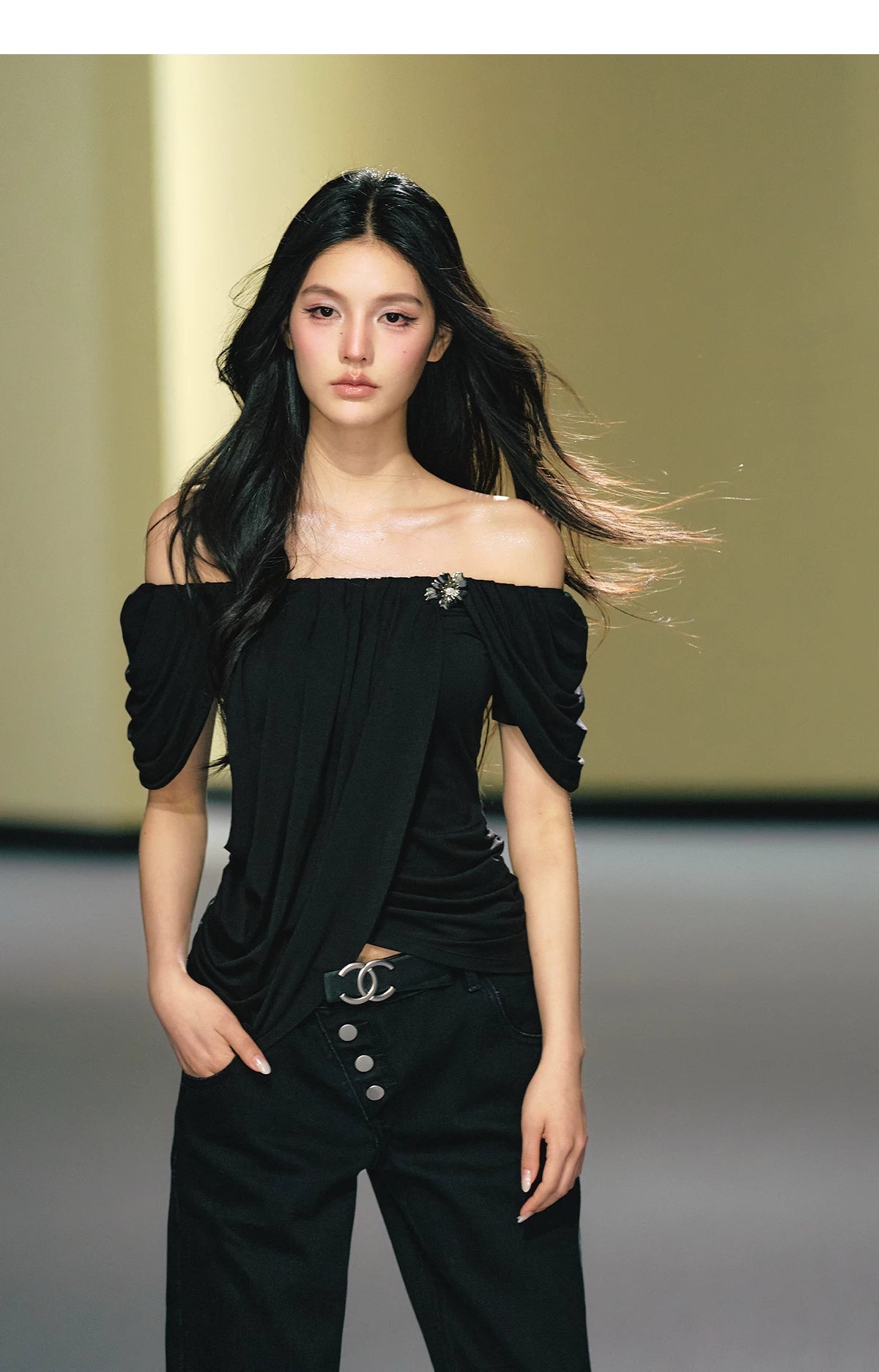 "Midnight Bloom" Black Lyocell Off-Shoulder Ruched Top