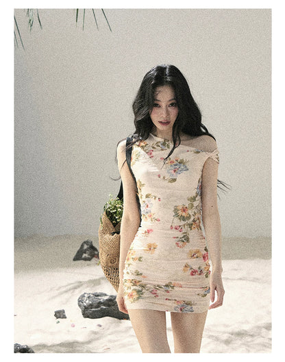 "Waiting for Blossoms" Dutch Cream Floral Ruched Mini Dress 43236