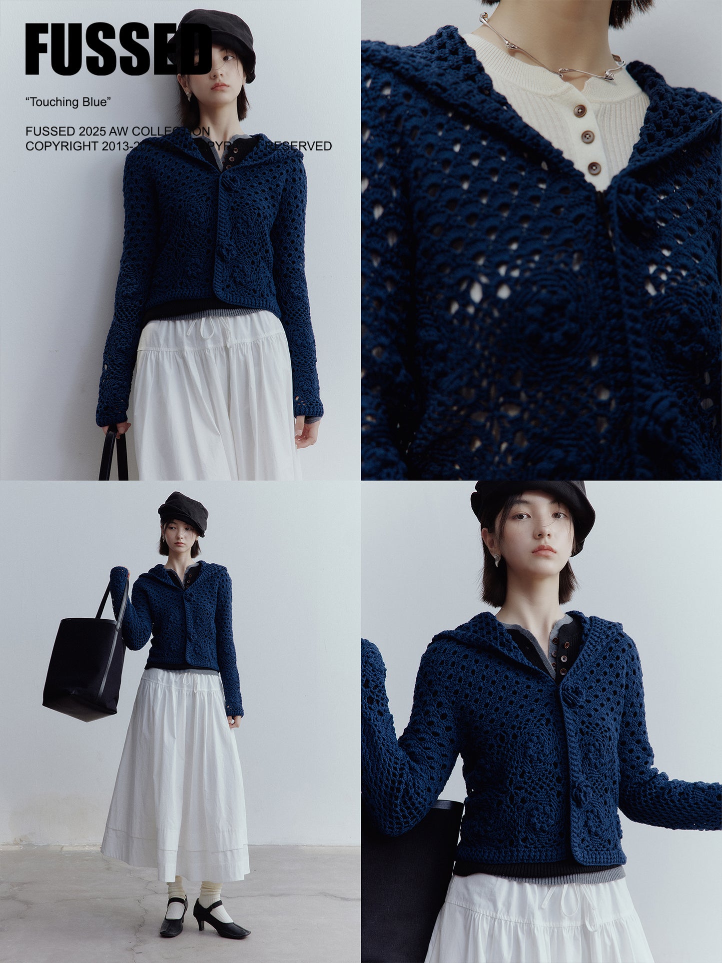 FUSSED Garden Midnight Garden Hand-Crocheted 3D Rose Knit Cardigan – Dusky Blue Cotton FOF-25SS176