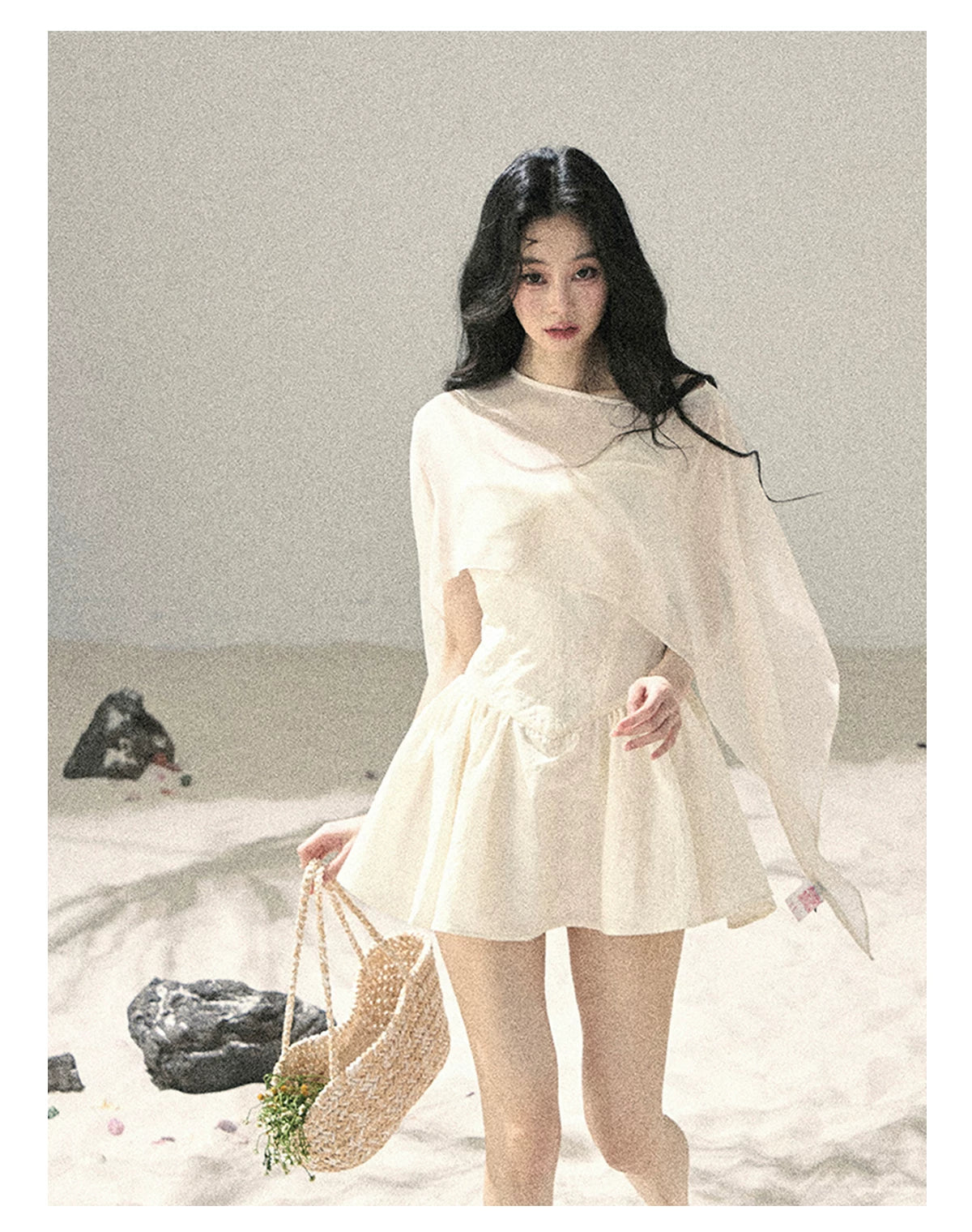 "Veiled in Mist" Cream Apricot Puff Mini Dress & Chiffon Shawl Set 5348