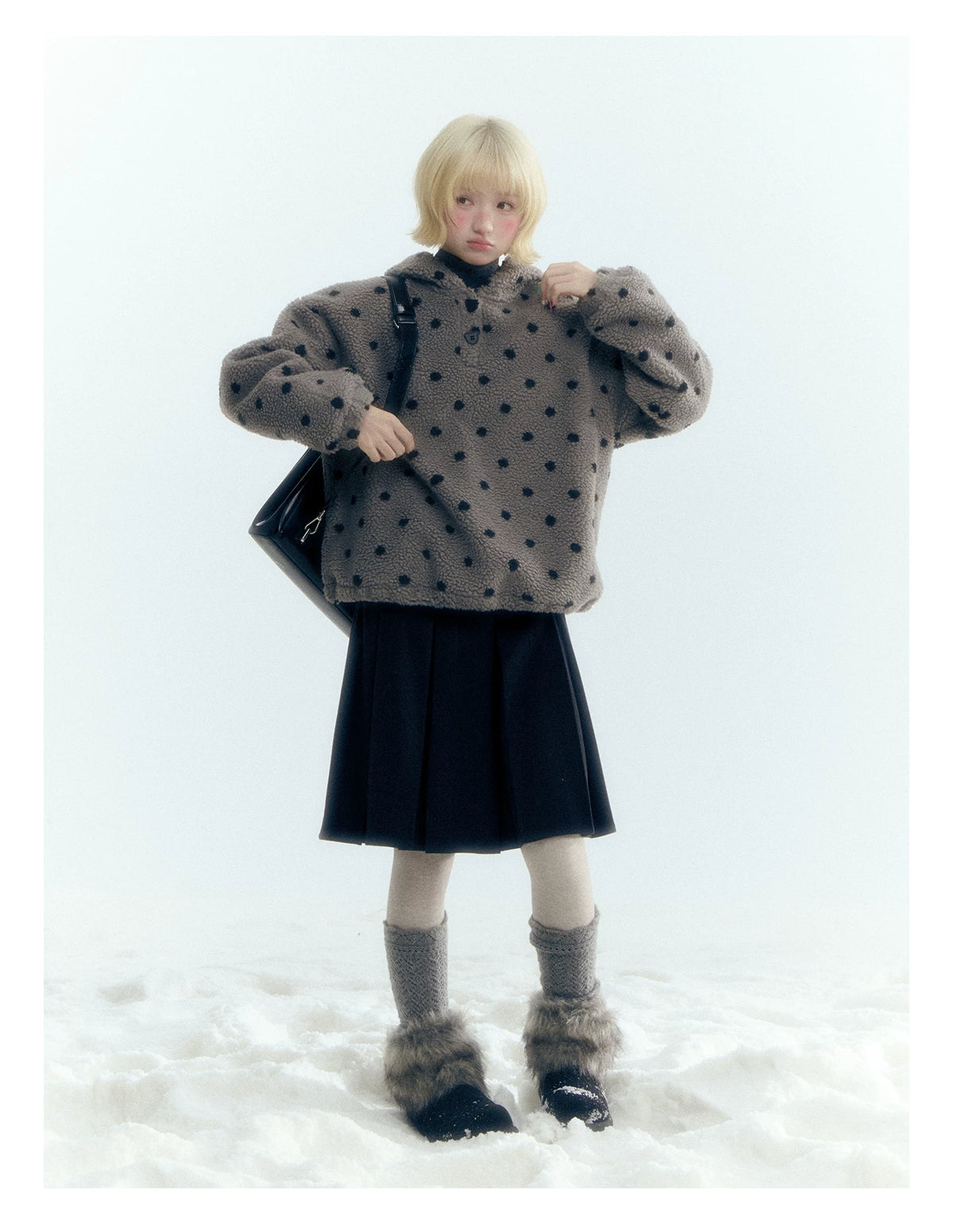 Horridale - Pink Black Polka Dot Sherpa Fleece Hoodie with Bunny Ears