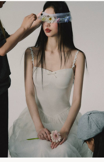 OAKMOO/ "Flowers in a Dream" Gardenia White Embroidered Mesh Maxi Dress
