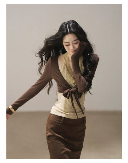 AOMALM - "Tender in This Moment" Rich Cocoa Faux Two-Piece Lace Top