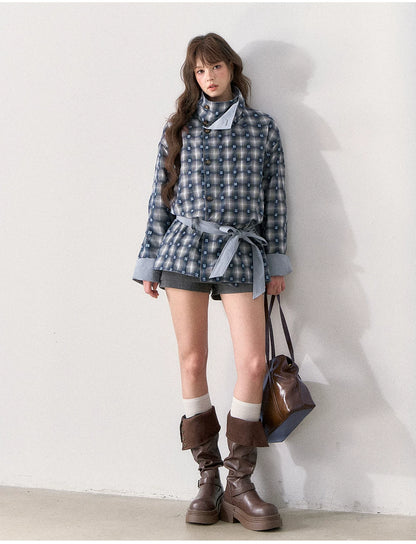 [TMMG] French Stand Collar Reversible Plaid Waist-Cinched Trench Coat (Morning Mist Blue)