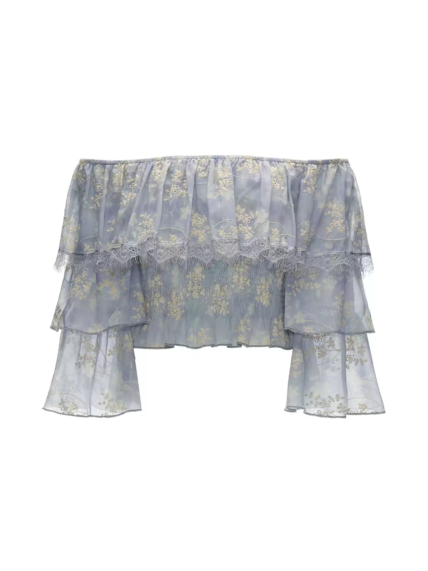 Lavender Floral Off-Shoulder Ruffle Crop Top