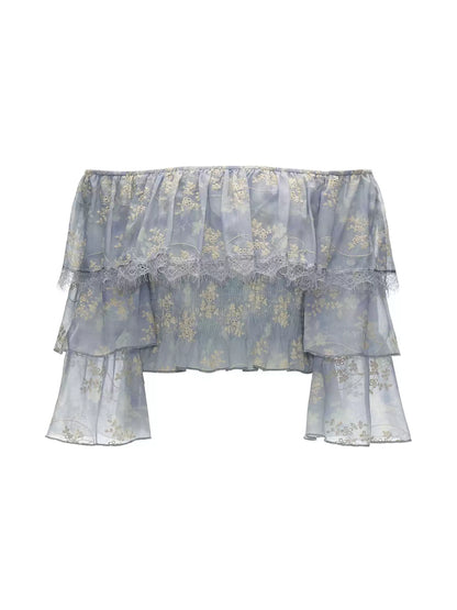 Lavender Floral Off-Shoulder Ruffle Crop Top