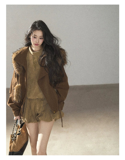 AOMALM - "The Veins of Leaves" Oatmeal French Faux Suede Top & Shorts Set