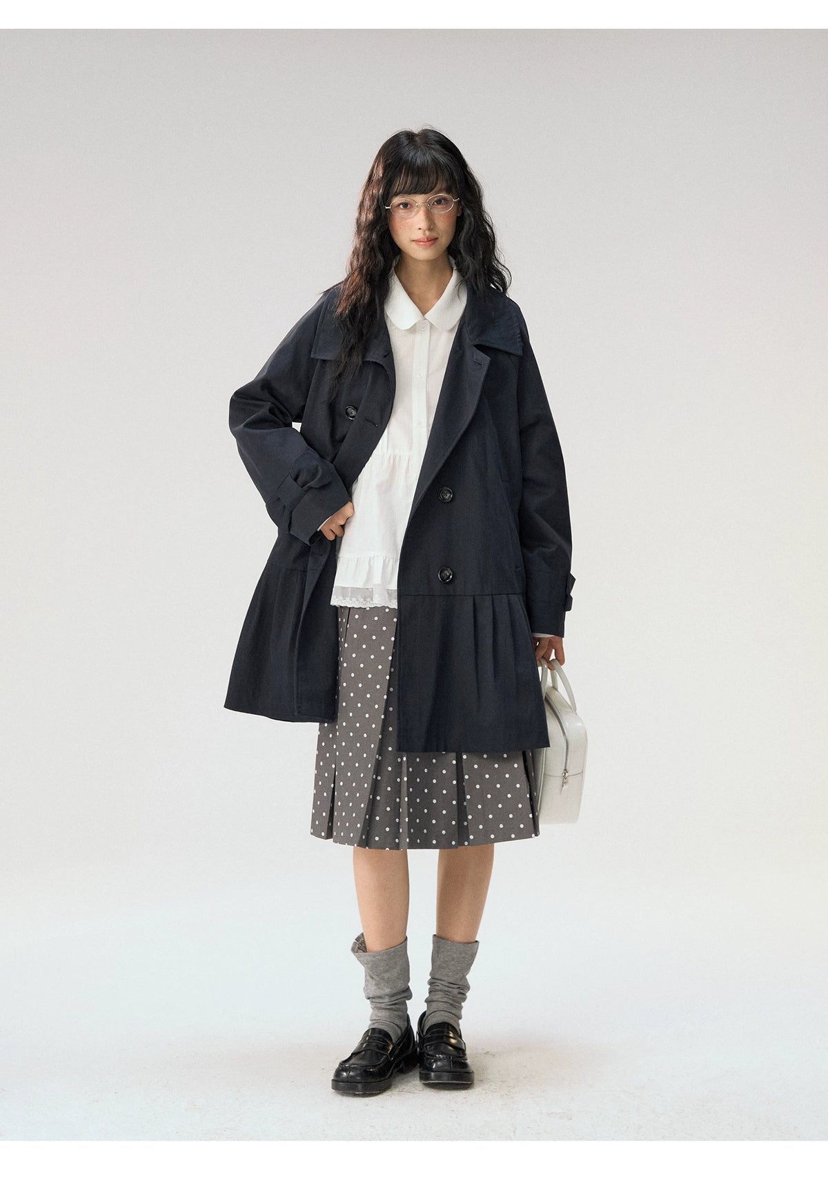 [CAN] “Misty Dot” Gray Polka Dot Pleated A-Line Midi Skirt