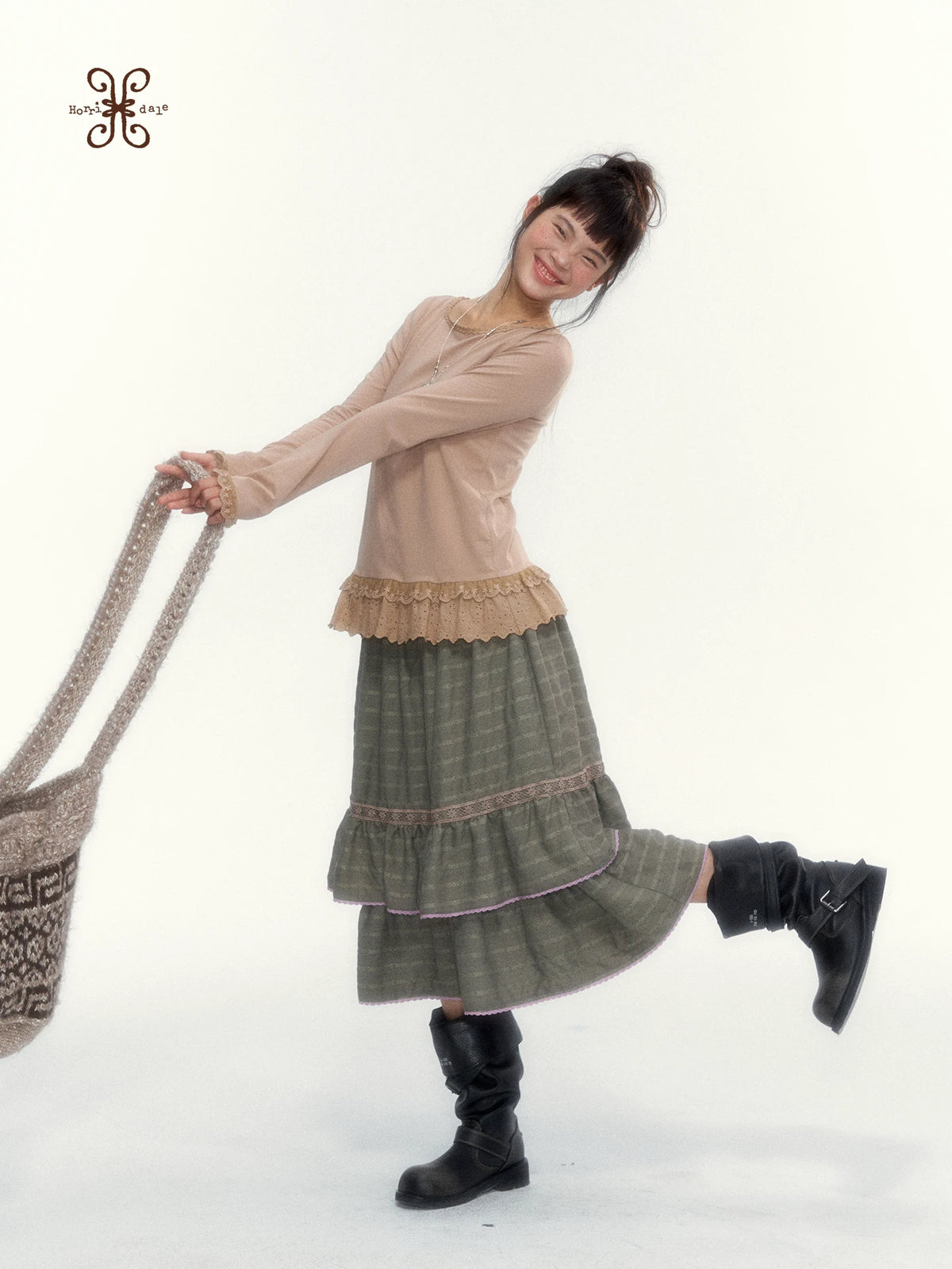 Dried Grass Green Vintage Lace Tiered A-Line Skirt
