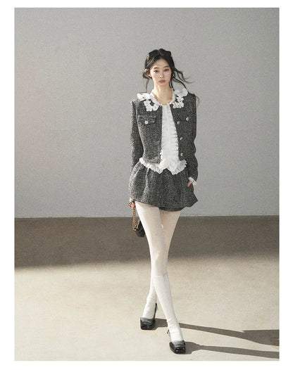 AOMALM - Black & Pearl White Tweed Jacket, Lace Blouse & Mini Skirt Set